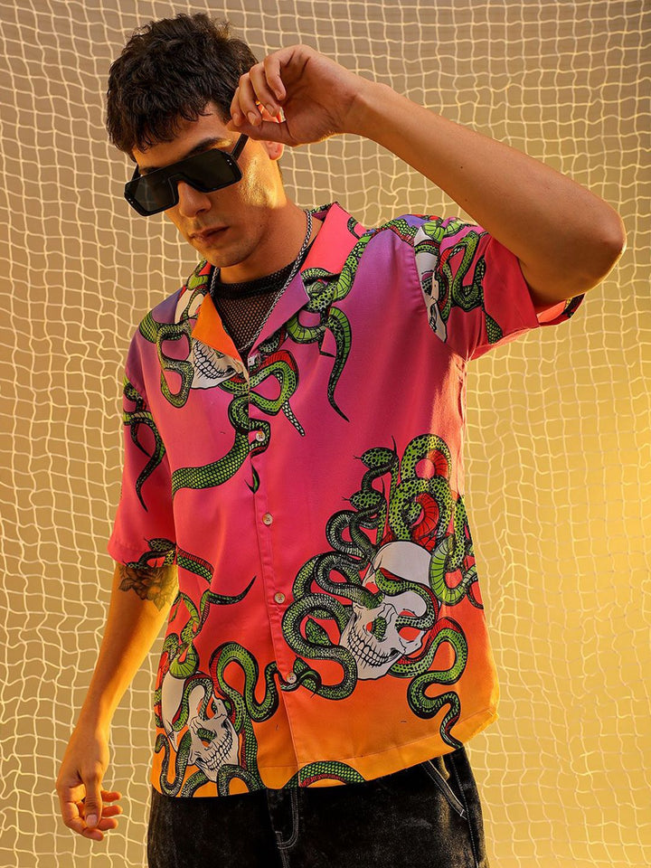 The Indian Garage Co Men Cuban Collar Animal Printed Oversized Resortwear Shirt