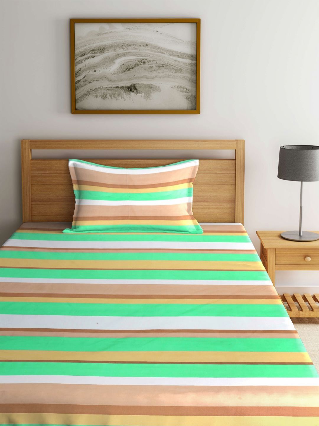 Myntra Elegant Homes Green Striped Polycotton 300 TC Single Fine Bedsheet with a Pillow Cover-89 x 59 inches