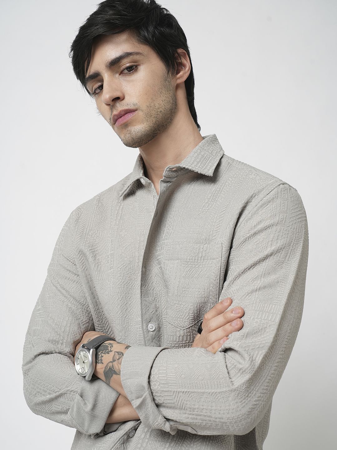 VASTRADO Men Classic Spread Collar Textured Slim Fit Casual Shirt