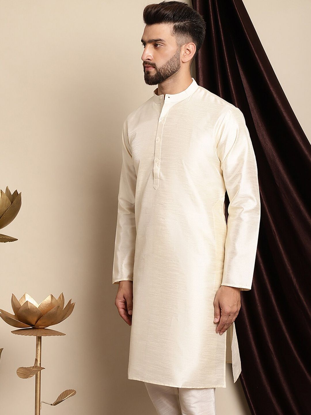 Kurta Lurus Kapas Sutera Warna Krim Anouk