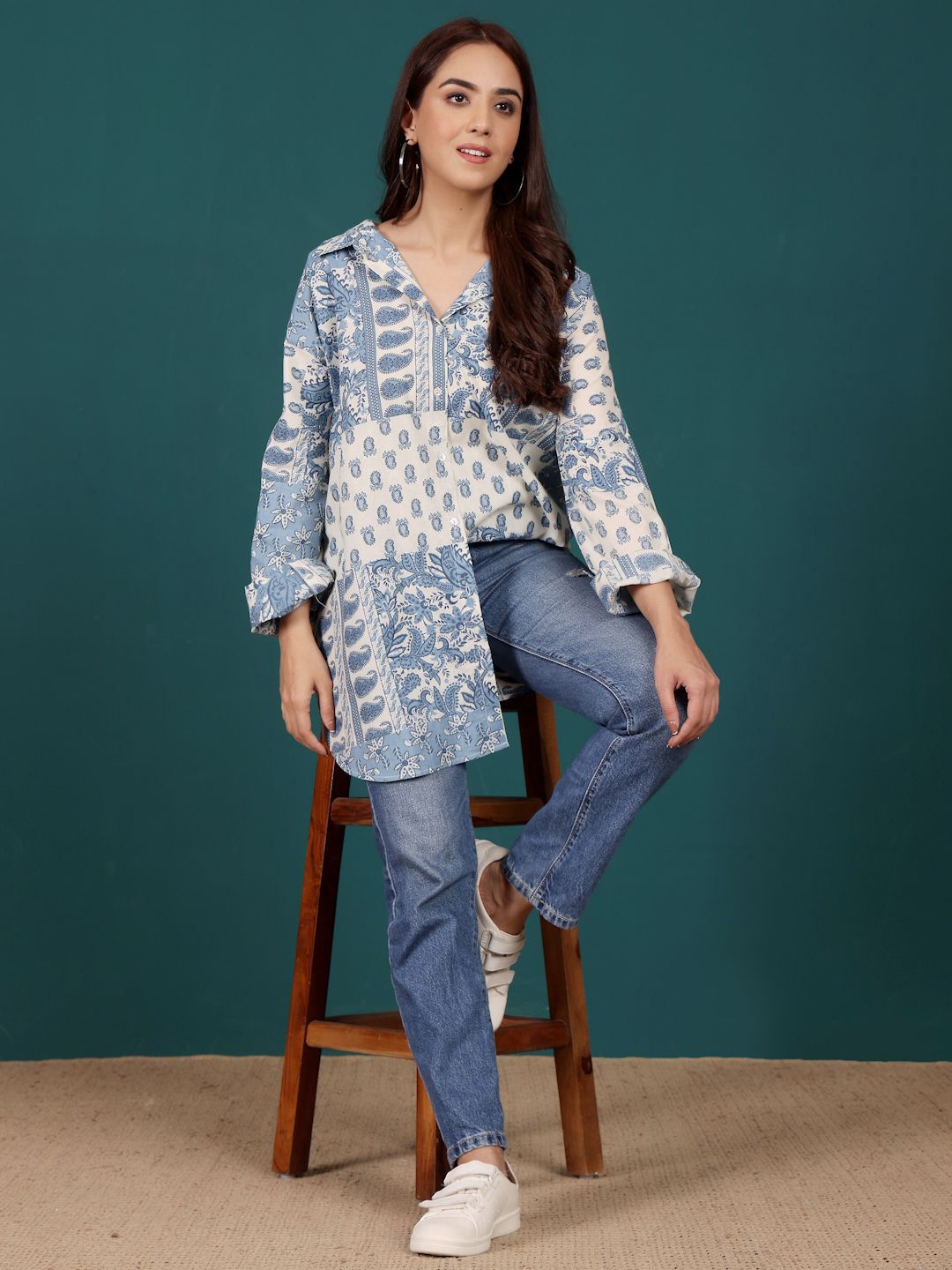 Varanga Print Cotton Shirt Style Longline Top