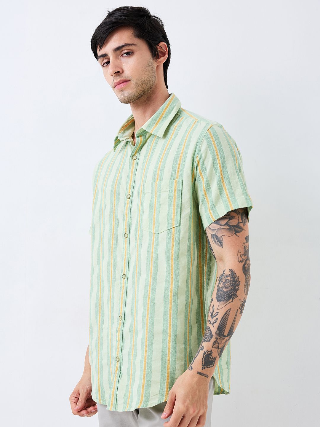 SPYKAR Men Spread Collar Vertical Striped Cotton Casual Shirt