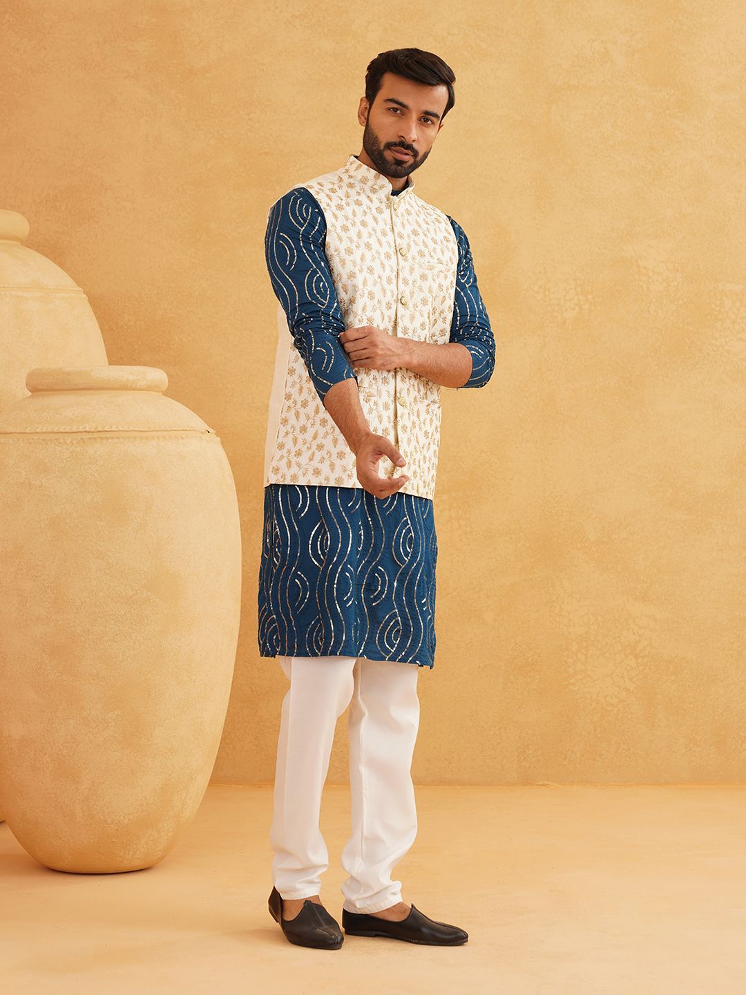 SOJANYA Leheriya Sequinned Band Collar Pure Cotton Kurta With Churidar And Nehru Jacket