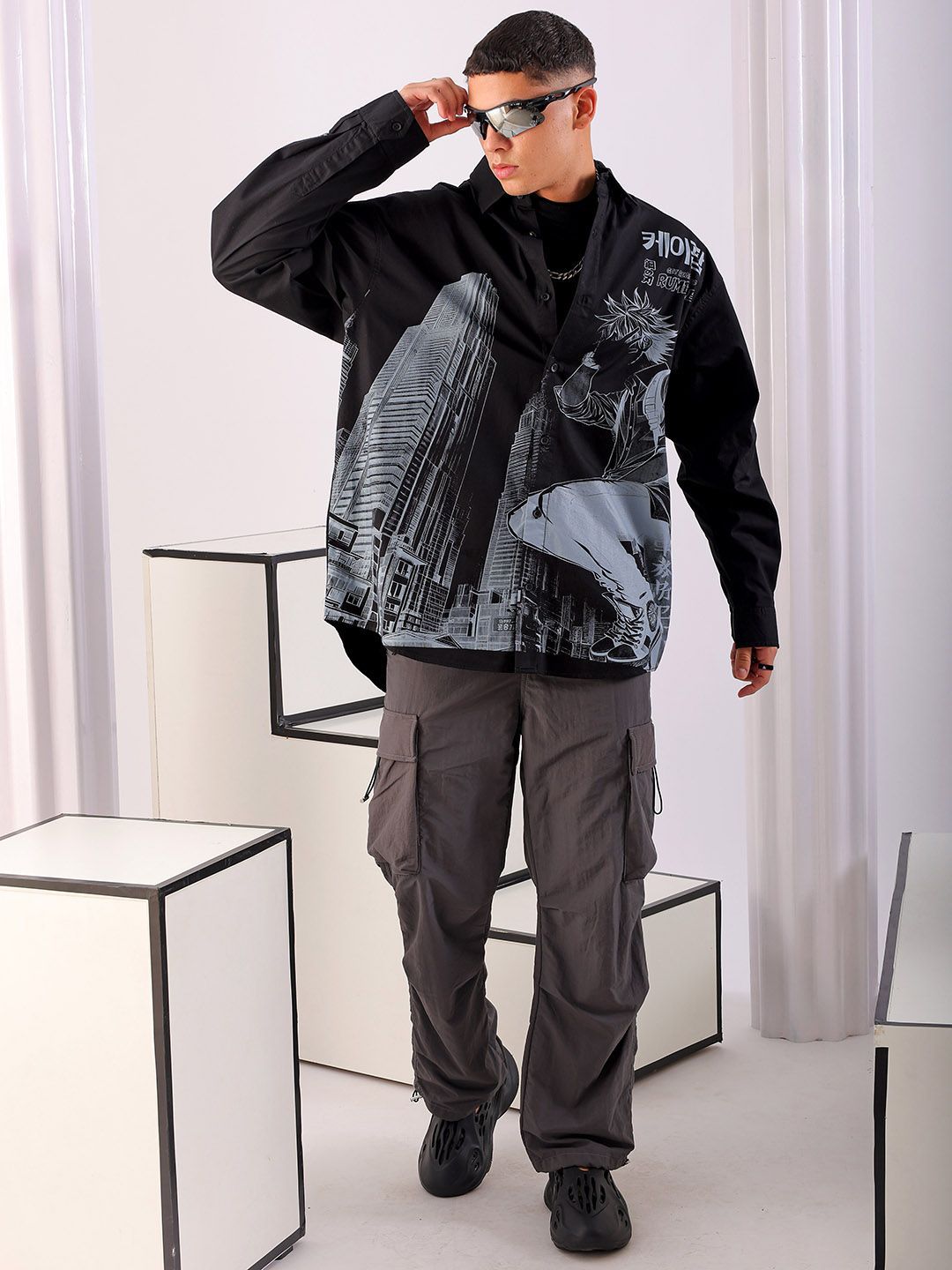 The Indian Garage Co Men Anime Printed Cotton Oversized Boxy Streetwear Shirt