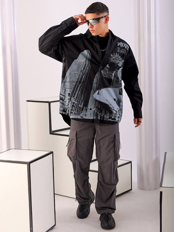 The Indian Garage Co Men Anime Printed Cotton Oversized Boxy Streetwear Shirt