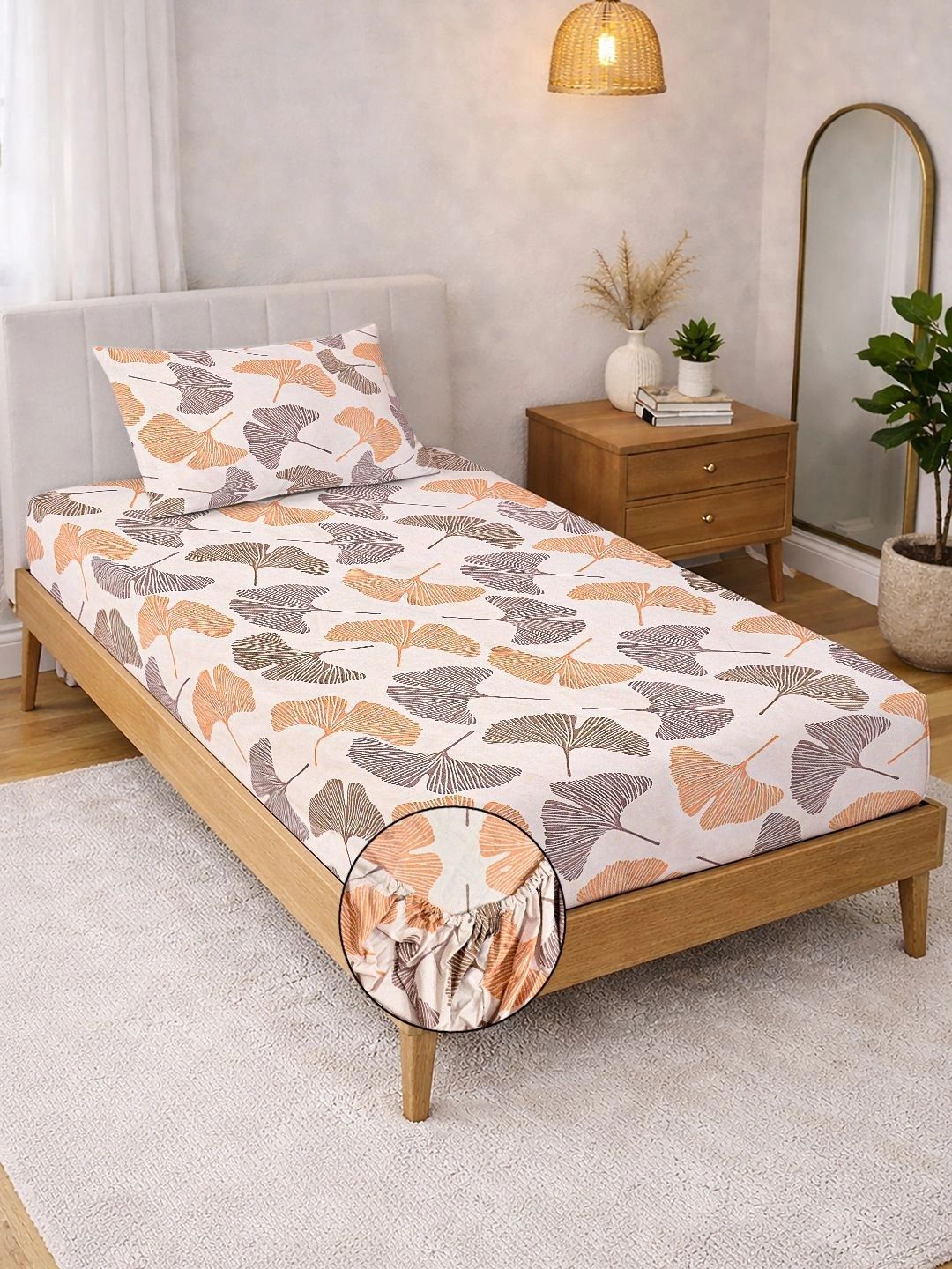 KLOTTHE Beige & Orange Floral 300 TC Single Bedsheet with 1 Pillow Covers
