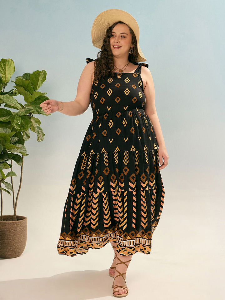 SASSAFRAS Women Curve Print Tie Up Midi Dress