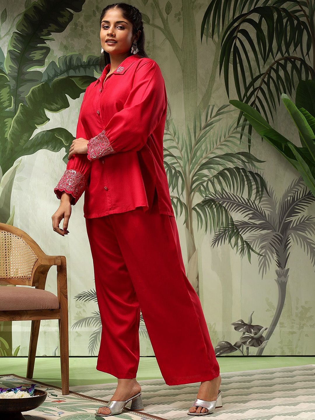 Bani Women Plus Size Embroidered Puff Sleeves Pure Silk Shirt With Trousers