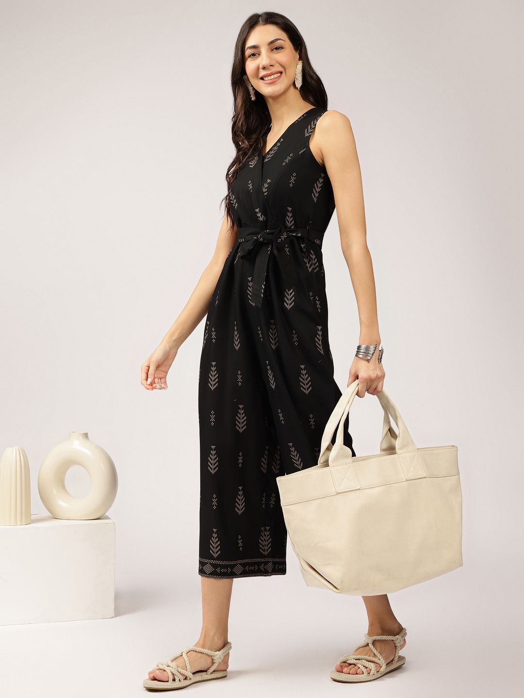 Anouk Ethnic Motifs Printed Sleeveless Waist Tie-Ups Culotte Jumpsuit