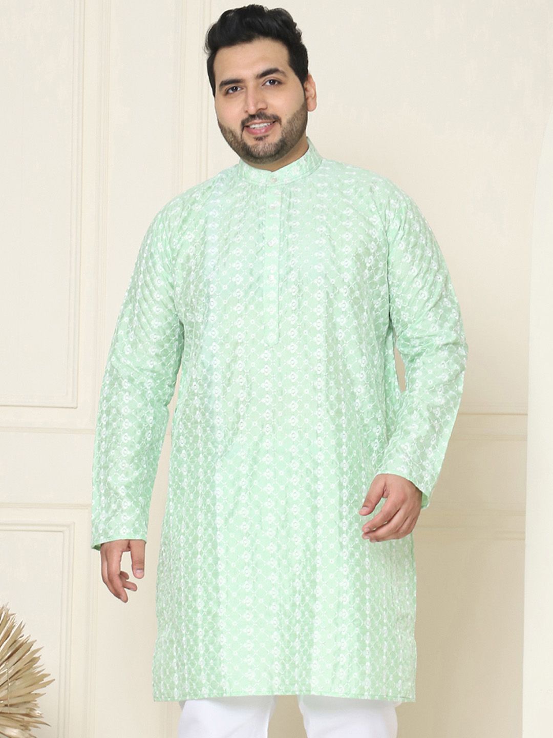SOJANYA PLUS Size Floral Embroidered Band Collar Straight Kurta