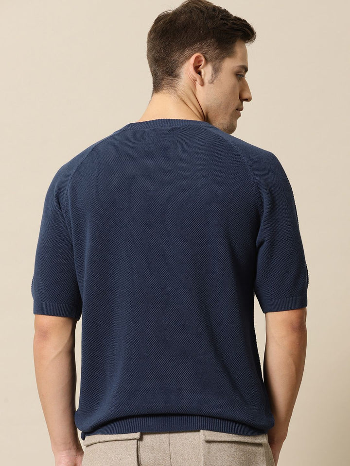Mr Bowerbird Men Navy Blue Solid Tailored Fit Round Neck Sweater Pure Cotton T-shirt