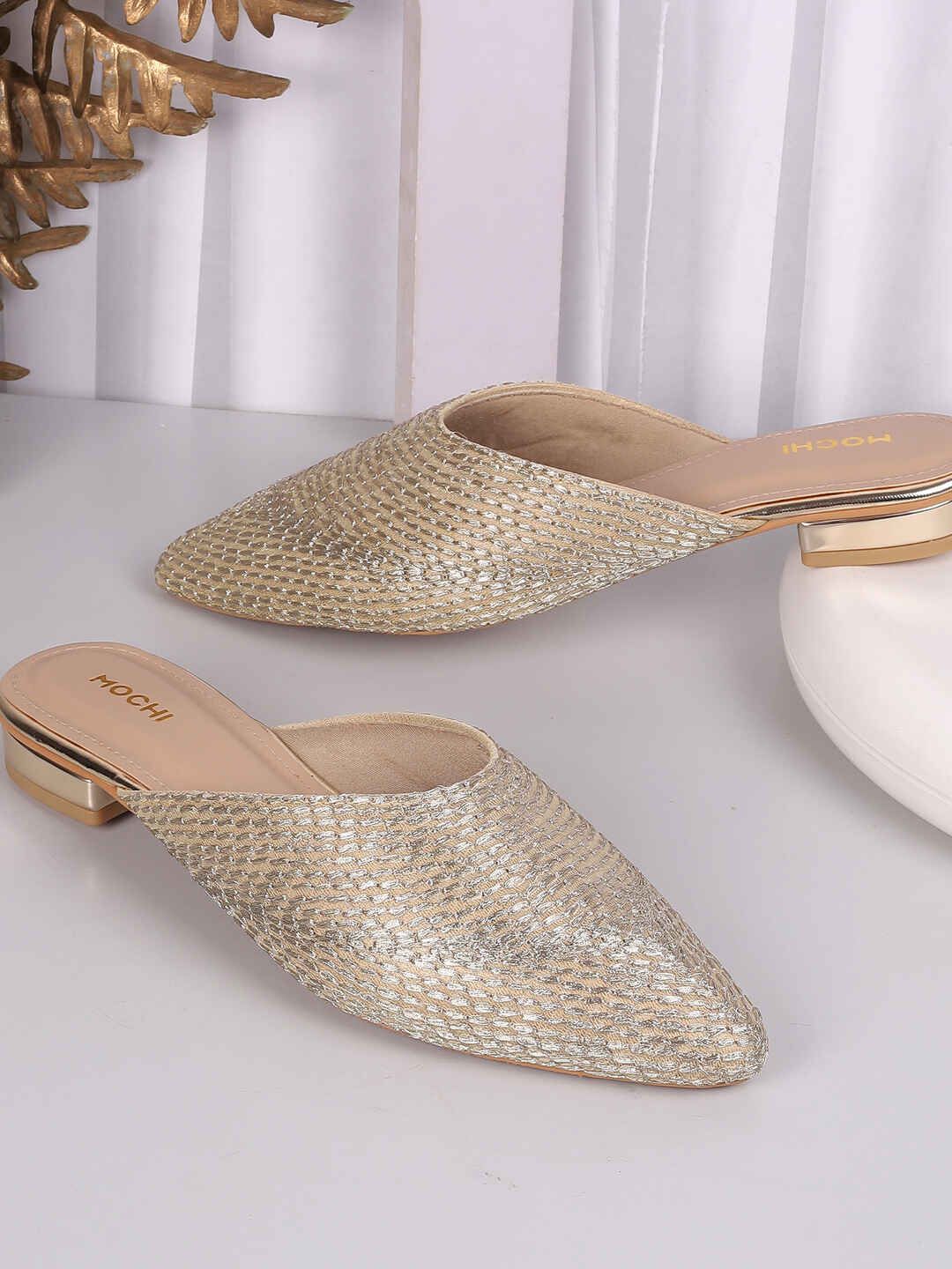 Mochi Women Woven Design Block Heel Mules