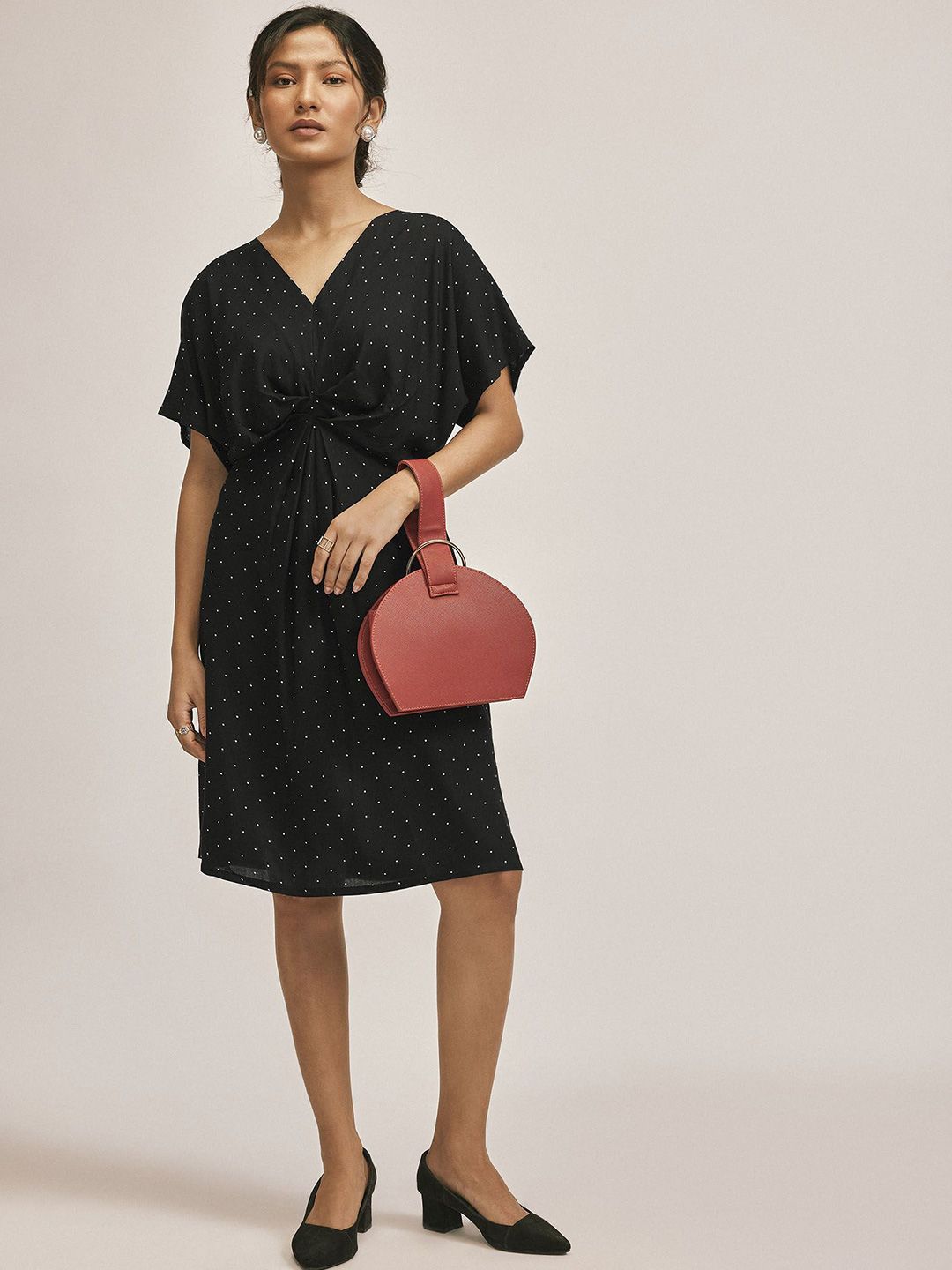 The Label Life Women Monochrome Polka Dot Gathered A-Line Dress