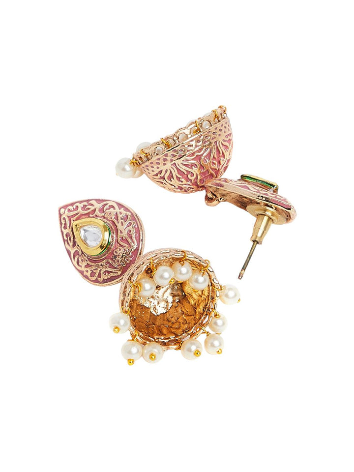 Anouk Pink Gold-Plated Stone Studded & Beaded Dome Shaped Jhumkas