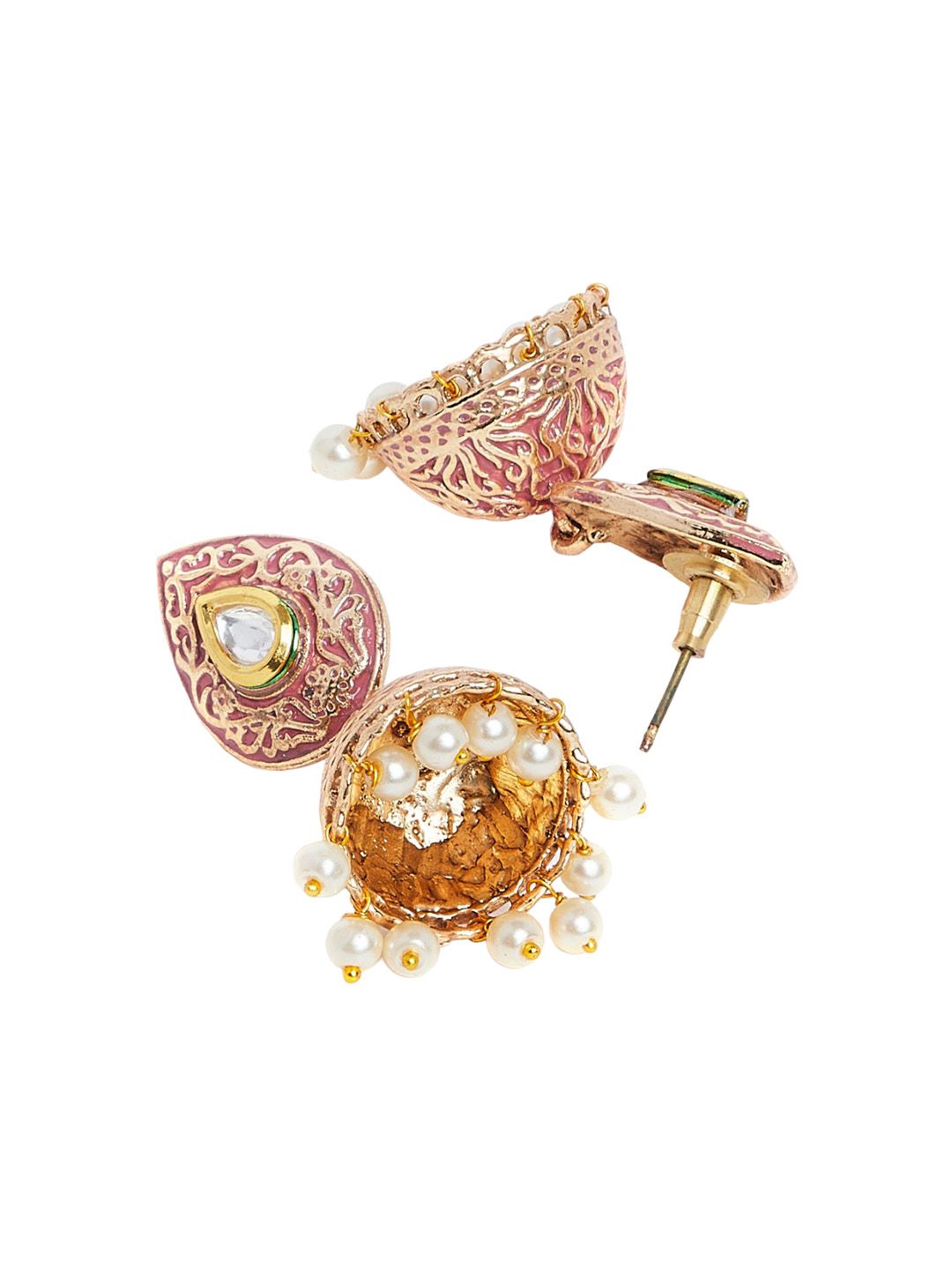 Anouk Pink Gold-Plated Stone Studded & Beaded Dome Shaped Jhumkas