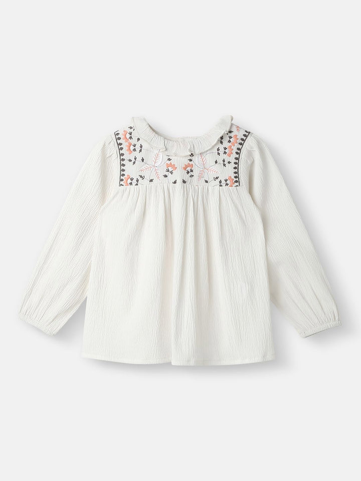Nauti Nati Girl Cotton Ruffled Collar Embroidery Detail Top