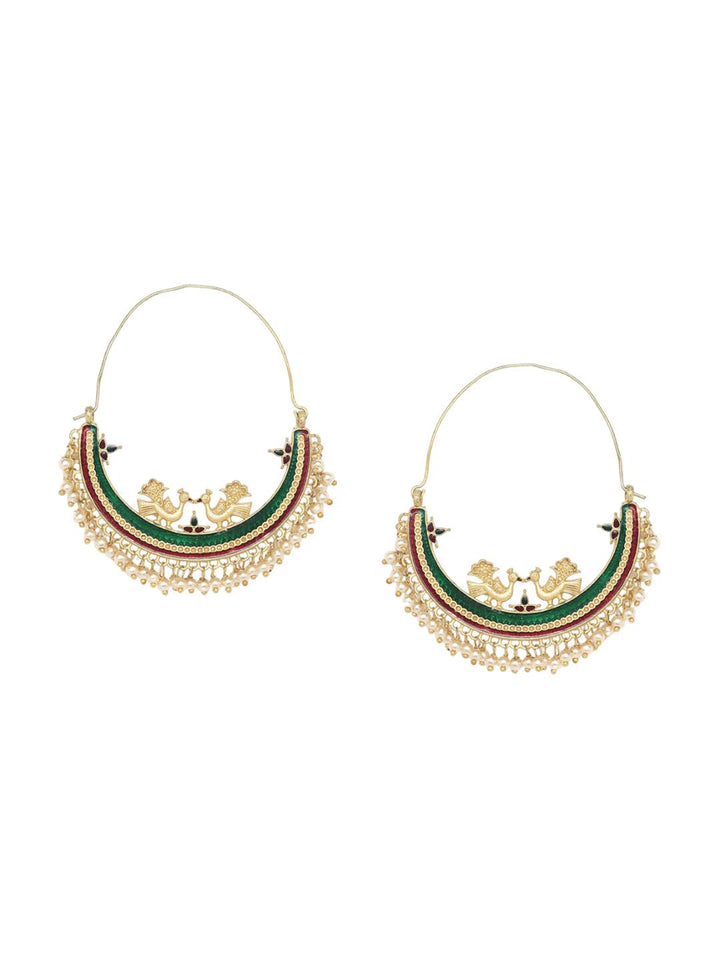 Anouk Green Gold-Plated Stone Studded & Beaded  Crescent Shaped Hoop Earrings