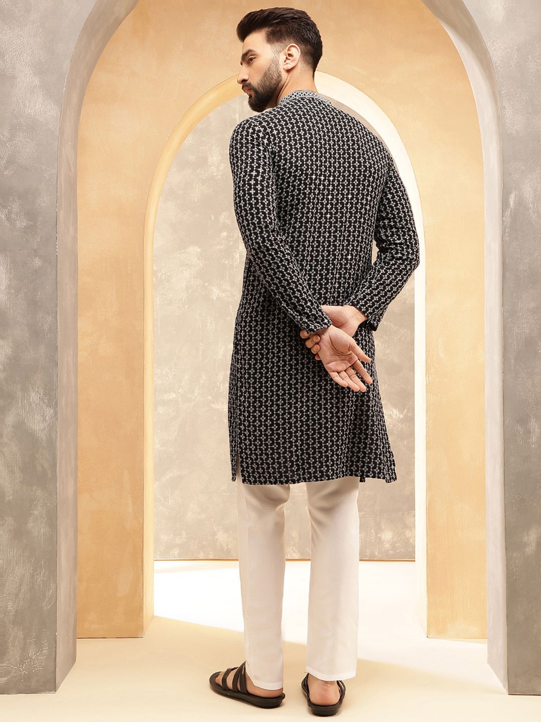Anouk Grey Floral Embroidered Mandarin Collar Sequinned Pure Cotton Kurta With Pyjama