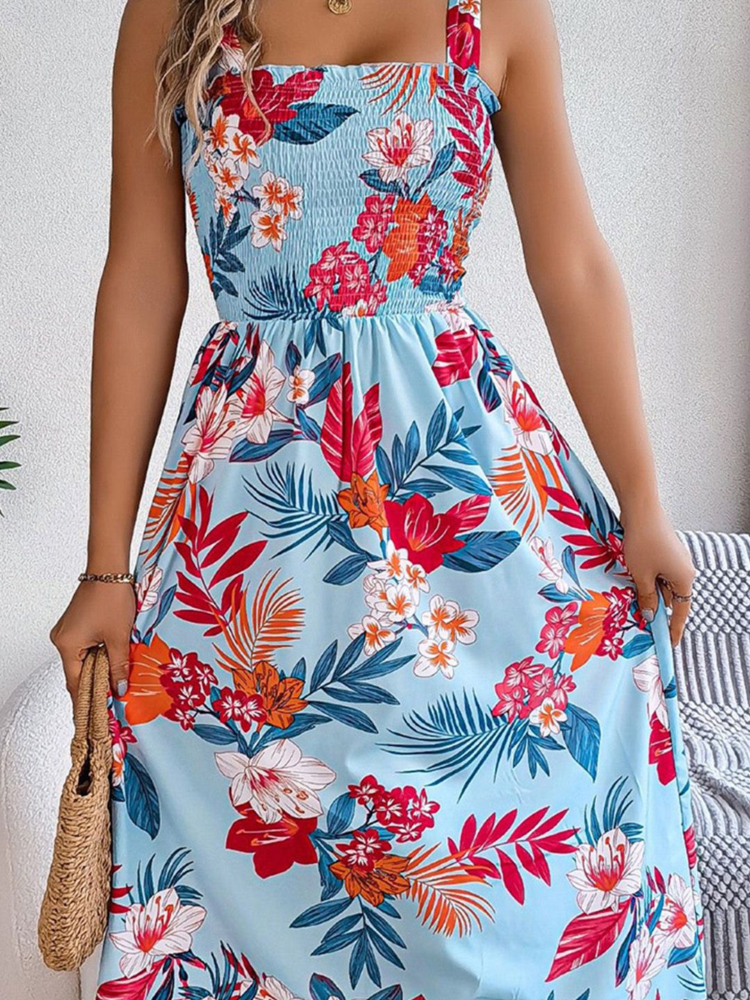 all about you Women Floral Printed Smocked Shoulder Straps Fit & Flare Midi Dress