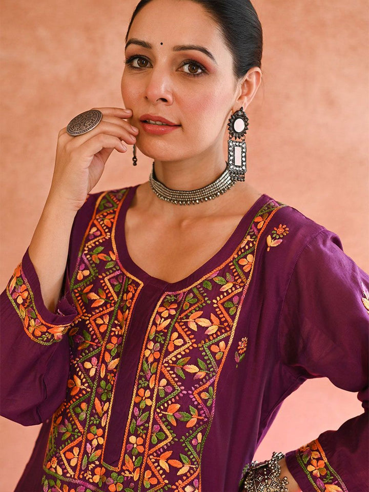 House of Chikankari Women Purple Chanderi Chikankari Sulam Set Kurta