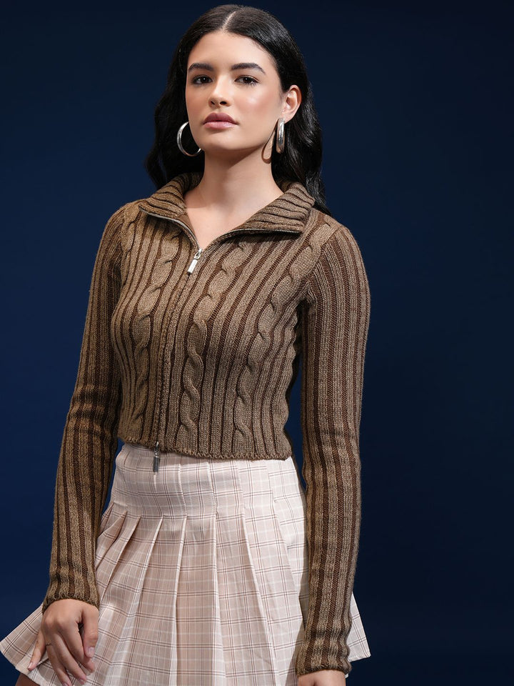 Tokyo Talkies Women Cable Knit Crop Cardigan with Zip Detail