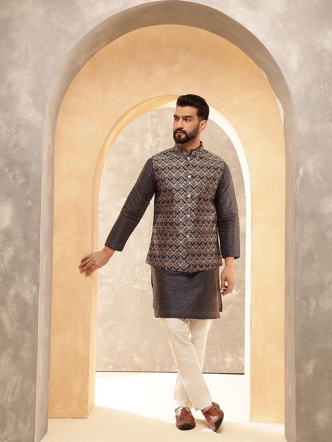 Anouk Black Woven Design Jacquard Silk Straight Kurta With Pyjamas And Nehru Jacket