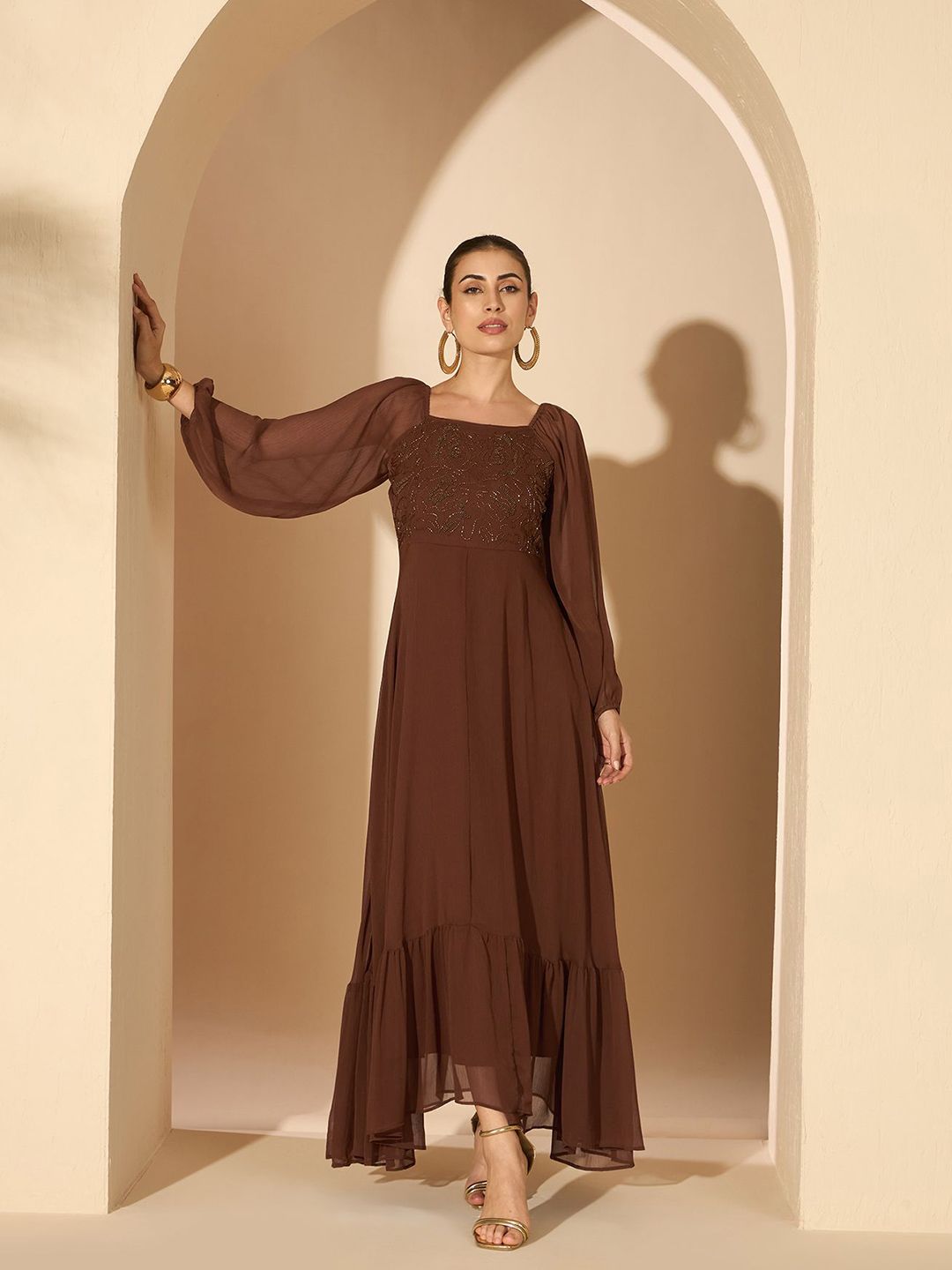 Antheaa Women Embellished Ruffles Maxi Dress