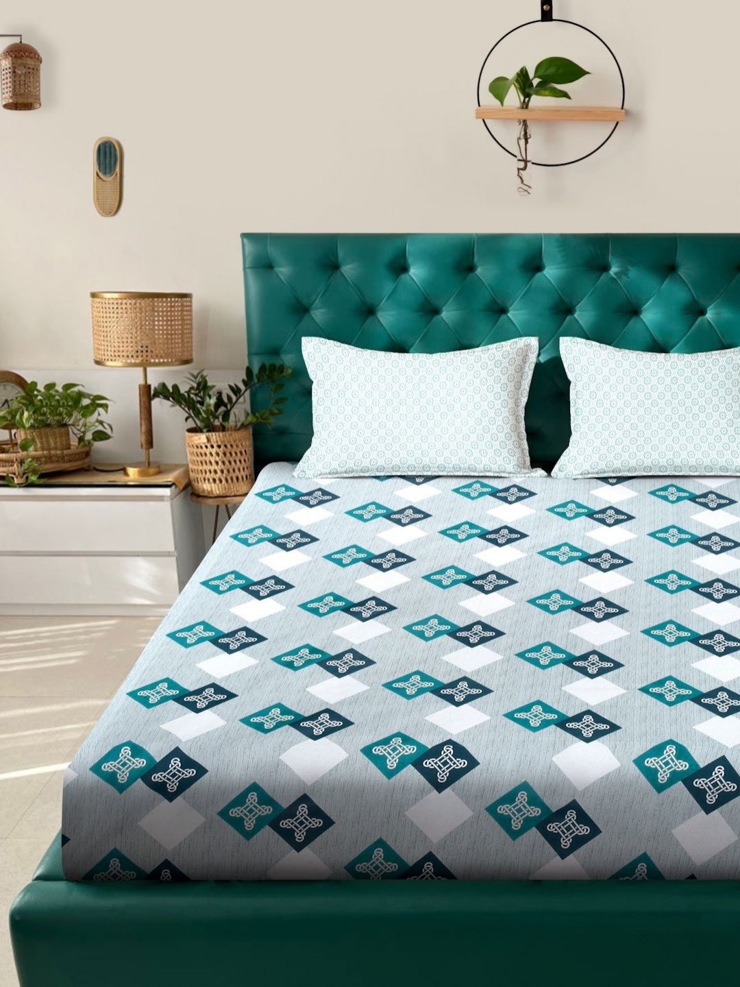 Myntra Elegant Homes Turquoise Geometric Pure Cotton 400 TC Set Cadar King 2.5m x 2.25m