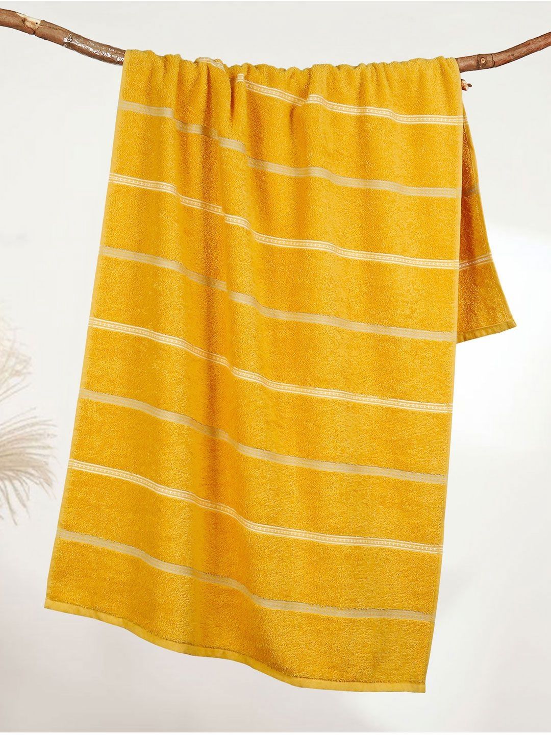 MYTRIDENT Yellow & White Striped Cotton 450 GSM Bath Towel