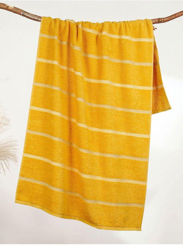 MYTRIDENT Yellow & White Striped Cotton 450 GSM Bath Towel
