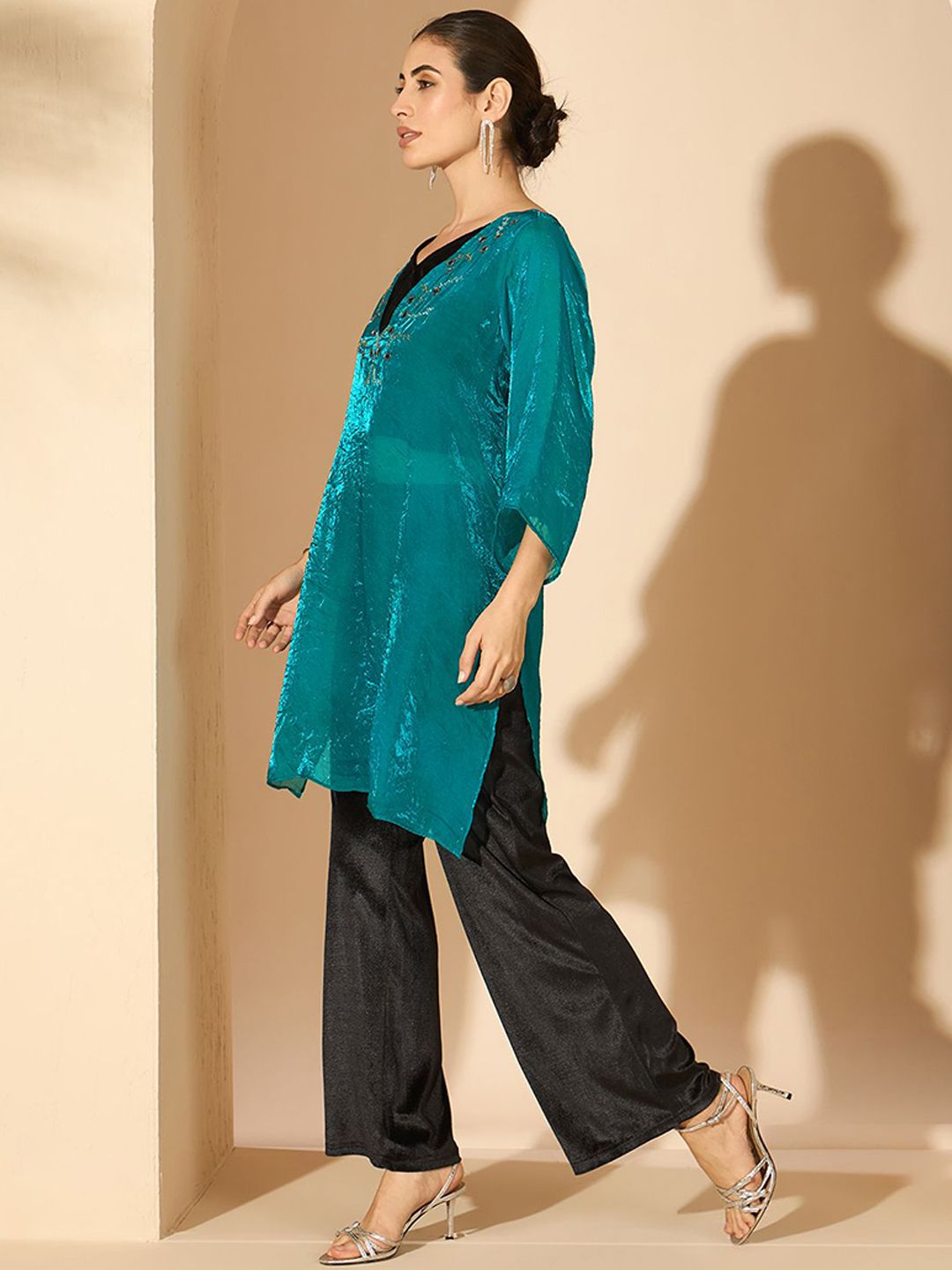 Antheaa Silk Embellished V-Neck Tunic with Trousers