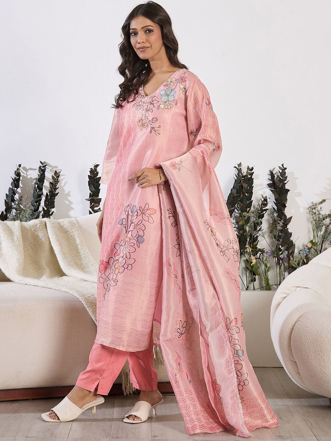 Indo Era Floral Printed Round Neck Straight Kurta With Trousers & Dupatta