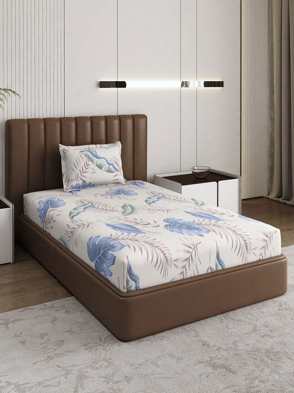 Monte Carlo White & Blue Pixel Ethnic Printed 120 TC Single Bedsheet Set 1.52 m x 2.30 m