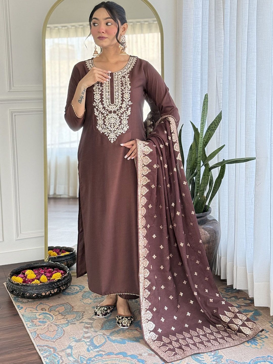 KALINI Women Ethnic Motifs Embroidered Thread Work Pure Silk Kurta Set With Dupatta