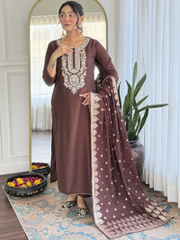 KALINI Women Ethnic Motifs Embroidered Thread Work Pure Silk Kurta Set With Dupatta