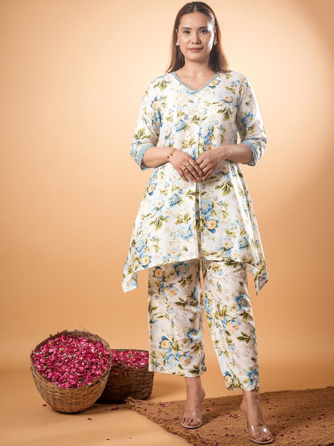 Tunik V-Neck Kapas Tulen Bercetak Mamicha Dengan Palazzo Co-Ords