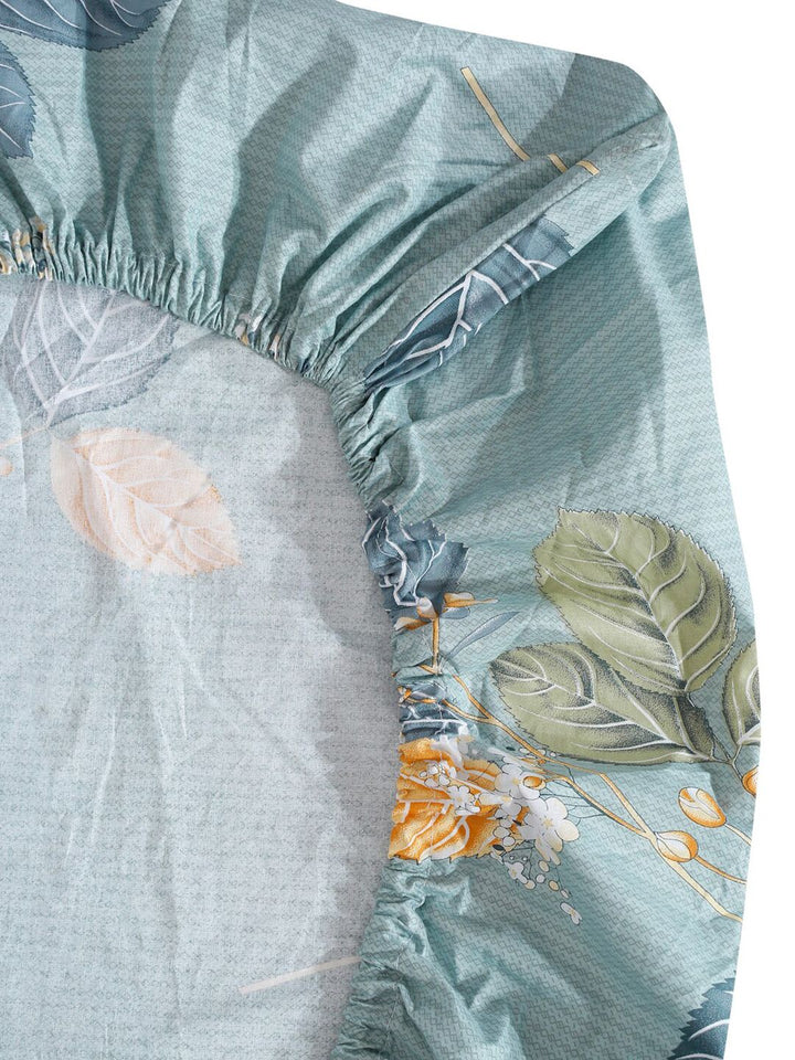 KLOTTHE Blue Leaf Pure Cotton 400 TC Dilengkapi Cadar dengan 2 Sarung Bantal-98 x 89 inci