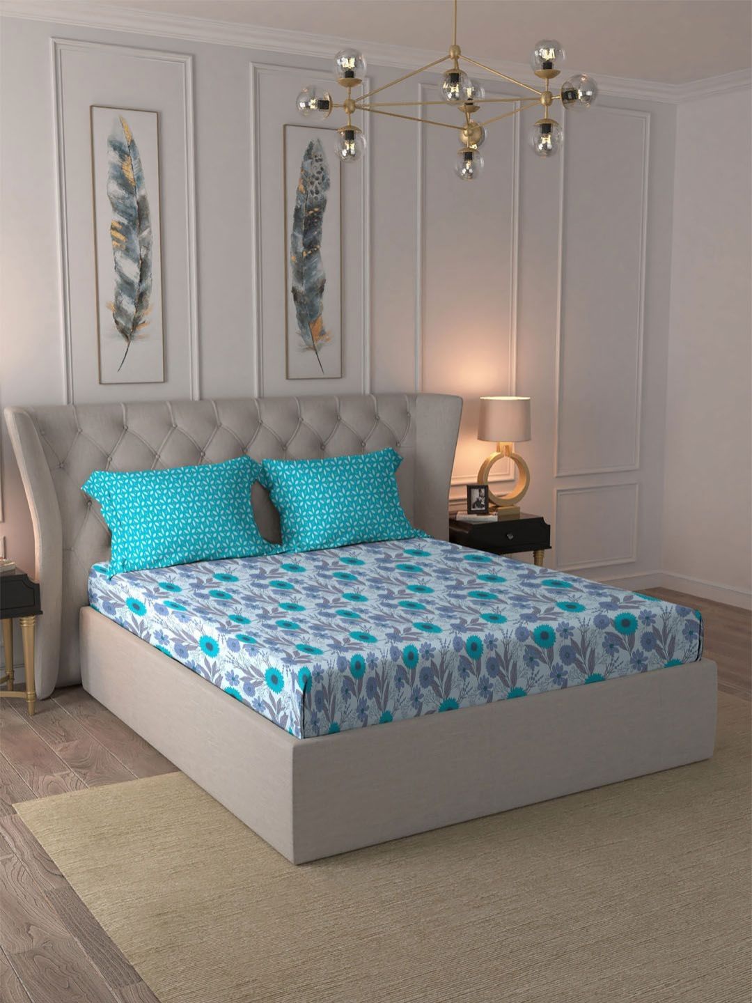 MYTRIDENT Sunflower Blue Comfort Living Flat 120TC Queen Cotton Bedsheet Set