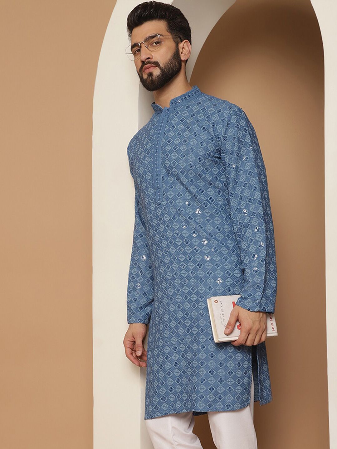 Anouk Blue Ethnic Motifs Embroidered Sequinned Detailed Cotton Straight Kurta