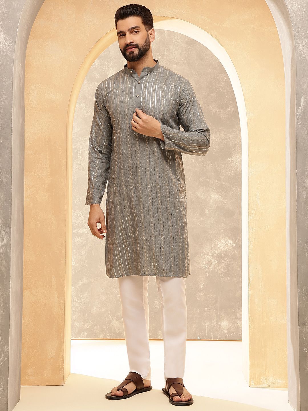Anouk Grey Striped Embroidered Sequinned Mandarin Collar Pure Cotton Kurta With Pyjama