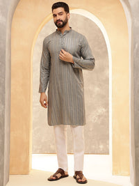 Anouk Grey Striped Embroidered Sequinned Mandarin Collar Pure Cotton Kurta With Pyjama