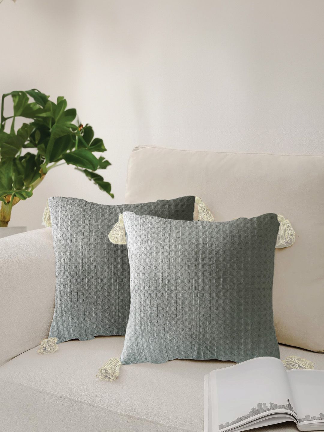 URBAN SPACE Grey 2 Pieces Checked Square Cushion Covers