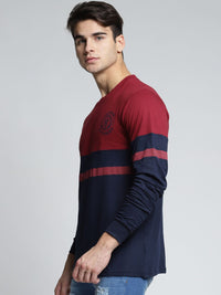 Difference of Opinion Men Maroon  Navy Blue Colourblocked Round Neck Pure Cotton T-shirt