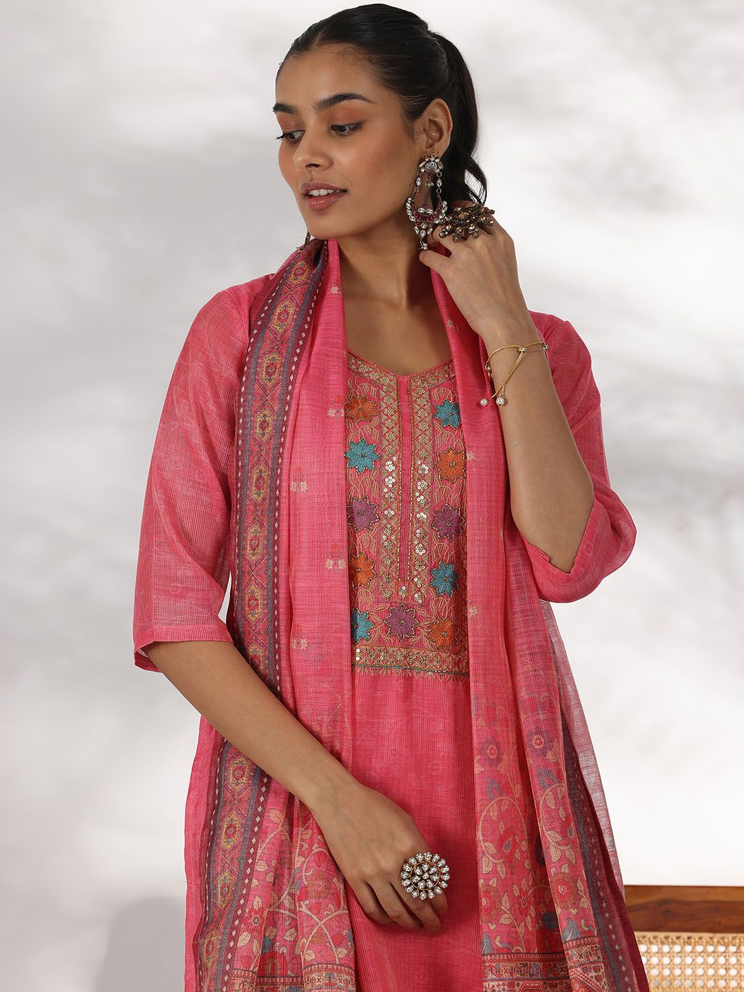 Libas Floral Yoke Design Sequinned Straight Kurta with Trousers & With Dupatta
