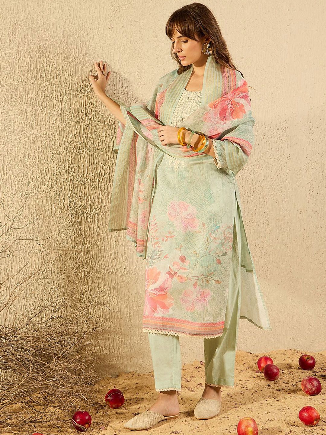 Indo Era Women Ethnic Motifs Printed Regular Chikankari Kurta with Trousers & With Dupatta