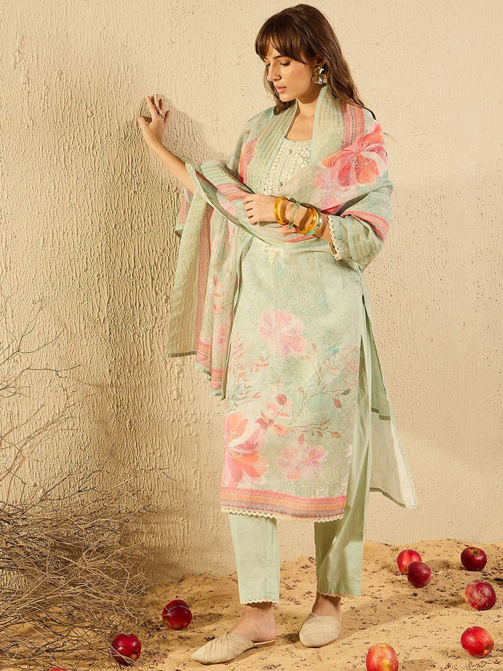 Indo Era Women Ethnic Motifs Printed Regular Chikankari Kurta with Trousers & With Dupatta