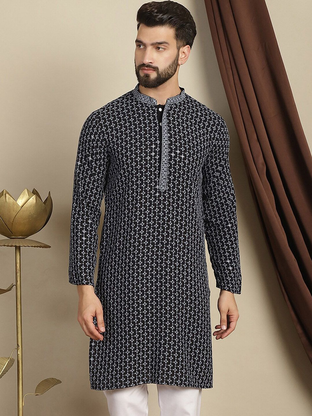 Anouk Floral Woven Design Mandarin Collar Thread Work Cotton Kurta