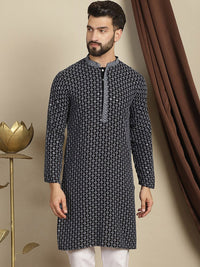 Anouk Floral Woven Design Mandarin Collar Thread Work Cotton Kurta