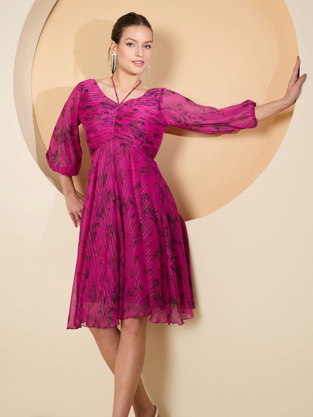 Antheaa Floral Puff Sleeve Chiffon Empire Dress