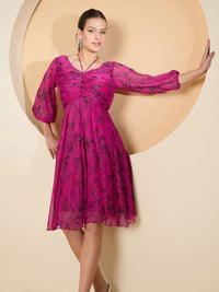 Antheaa Floral Puff Sleeve Chiffon Empire Dress